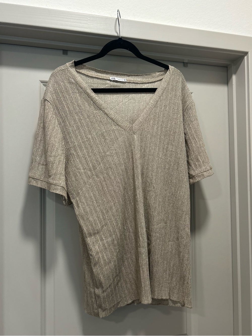 Zara Ribbed Taupe V-Neck Short Sleeve Top